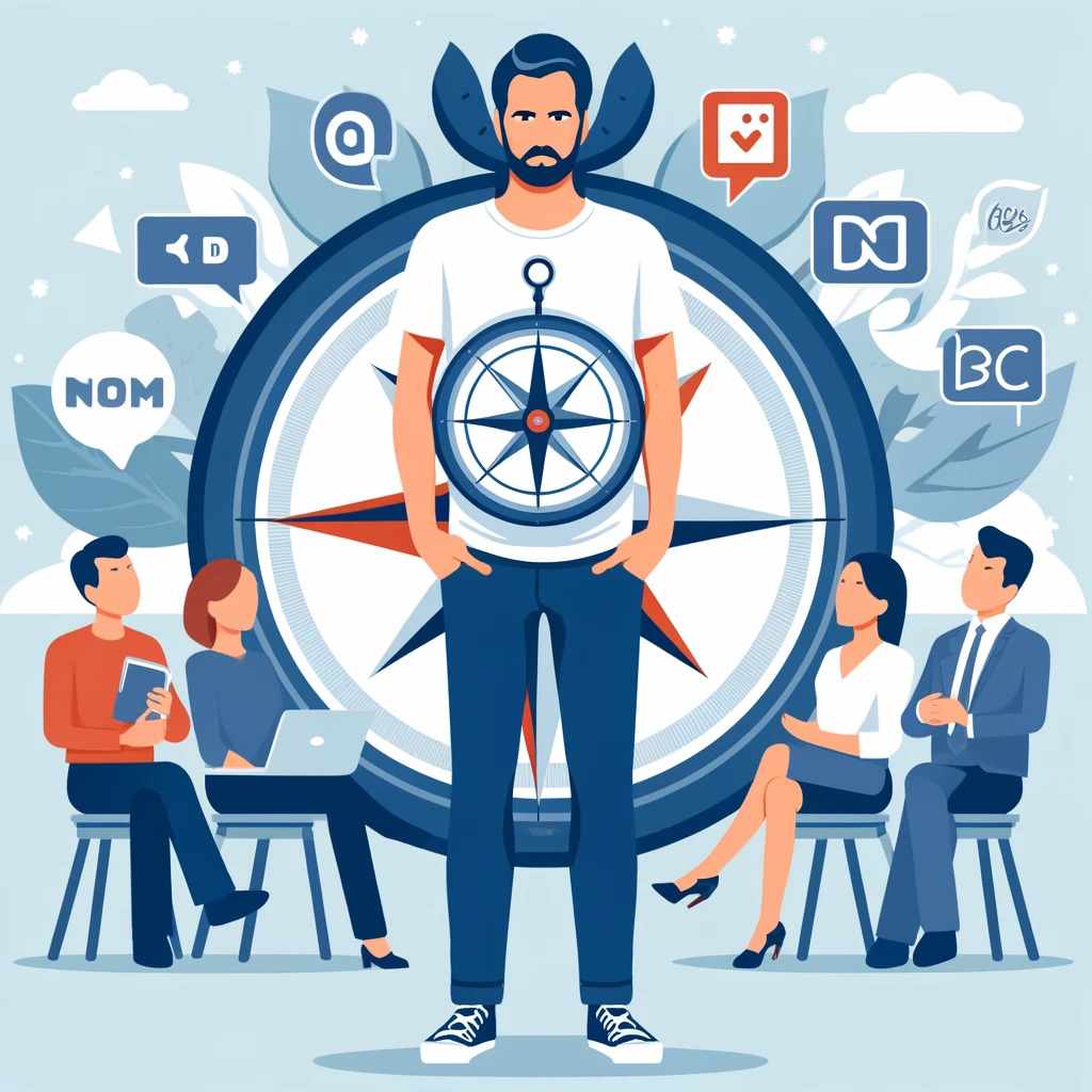 Un homme debout avec une boussole sur le t-shirt entouré de personnes travaillant sur des ordinateurs et des documents, représentant des concepts de web design et de SEO.