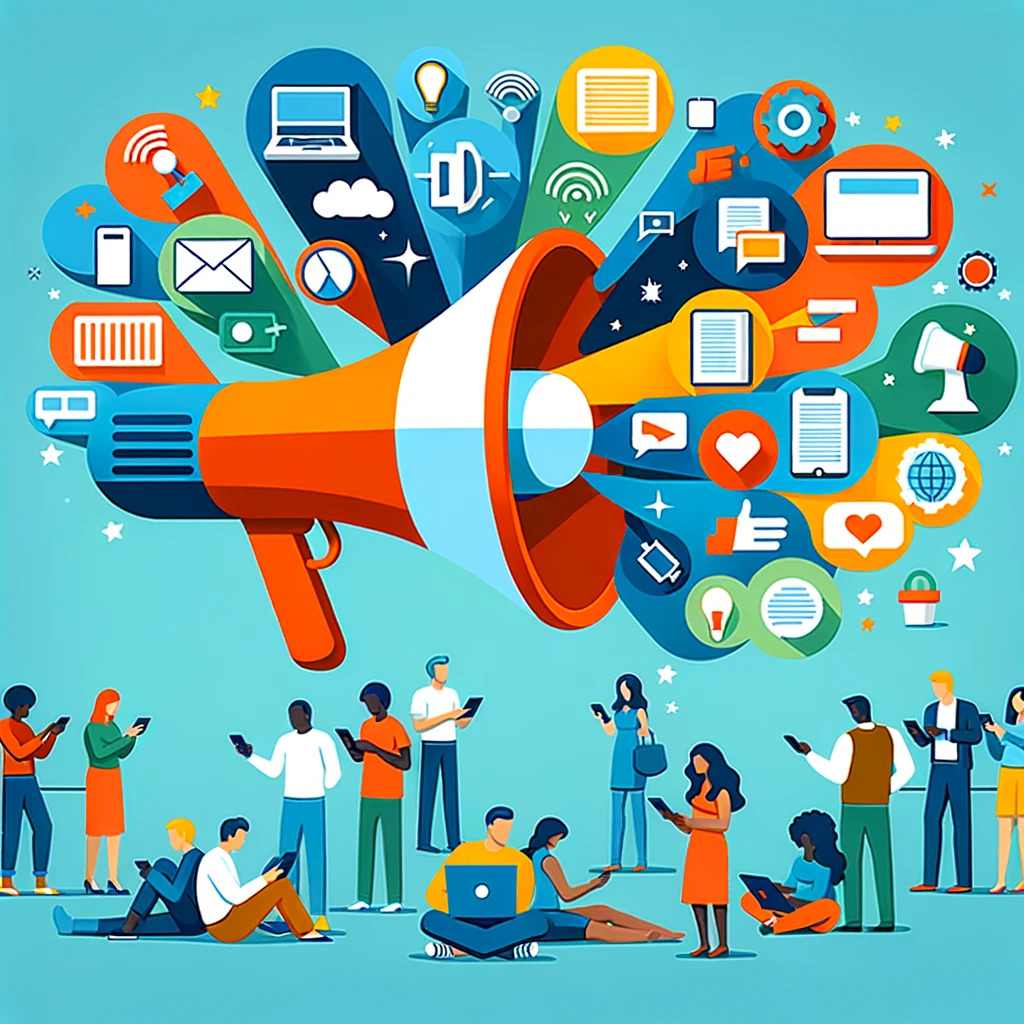 Stratégies de marketing digital avec mégaphone et icônes de réseaux sociaux.